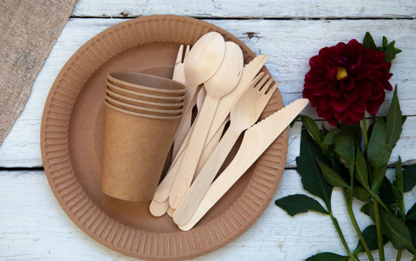 Eco friendly disposable paper tableware Party, picnic and camping concept, camping utensils